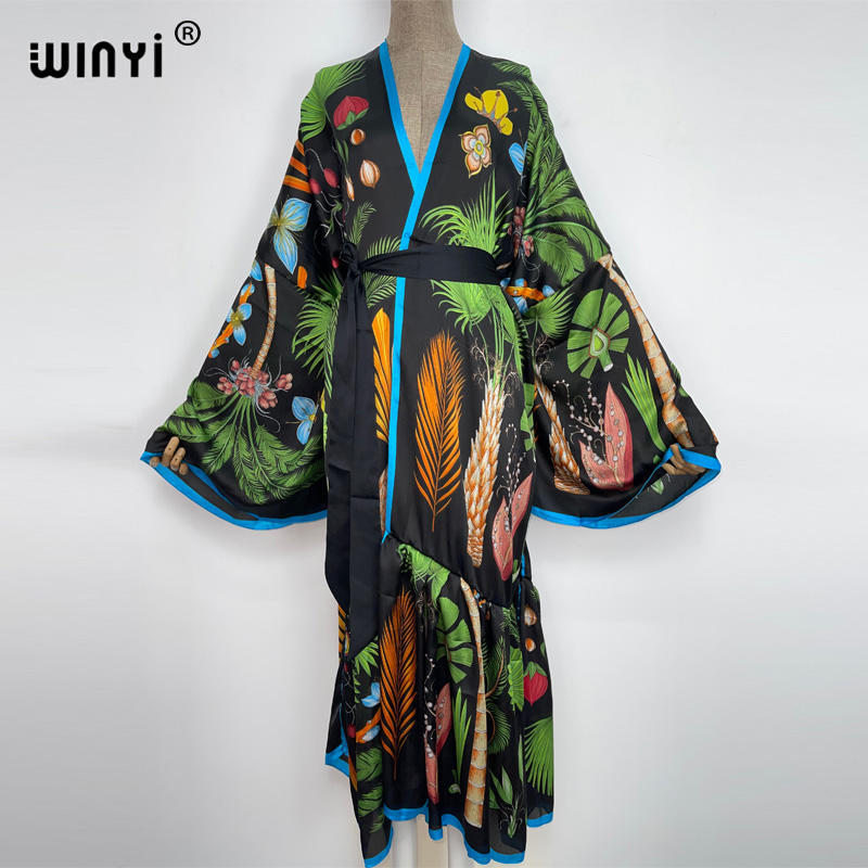 WINYI ビキニカバーアップ黒レトロファッション印刷セルフベルト付き女性夏服着物ドレスビーチウェア水着カバーアップ