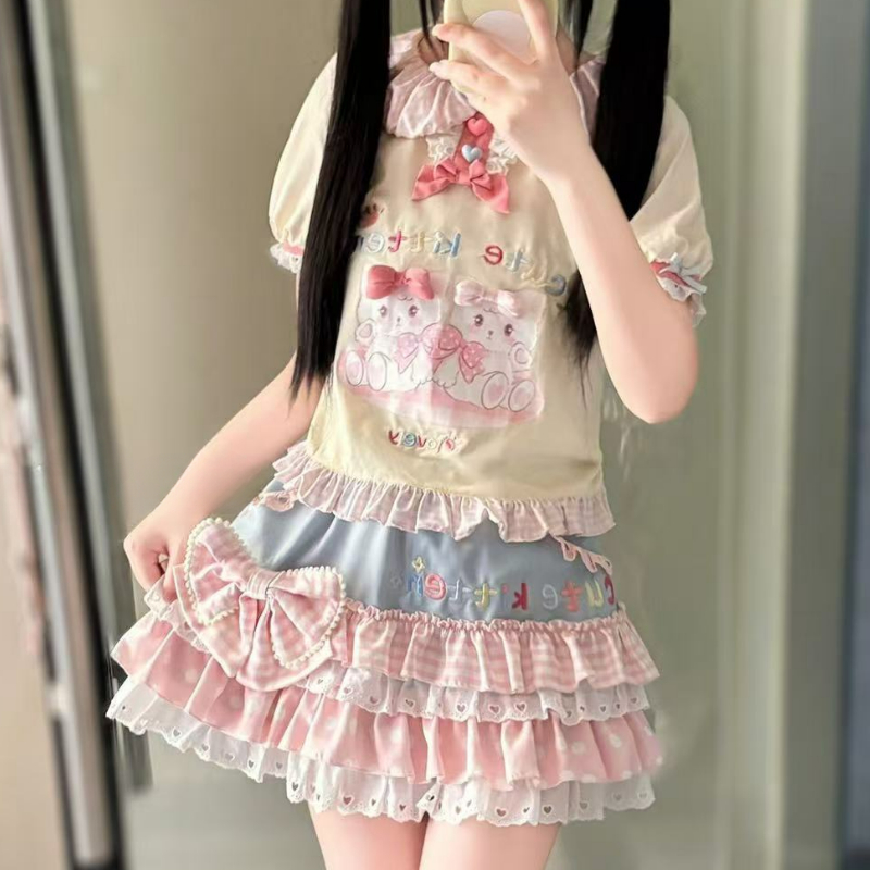 日本かわいいロリータスタイルスカートセット女性甘い弓猫プリント半袖 Tシャツかわいいケーキミニスカート原宿 Y2k スカートスーツ