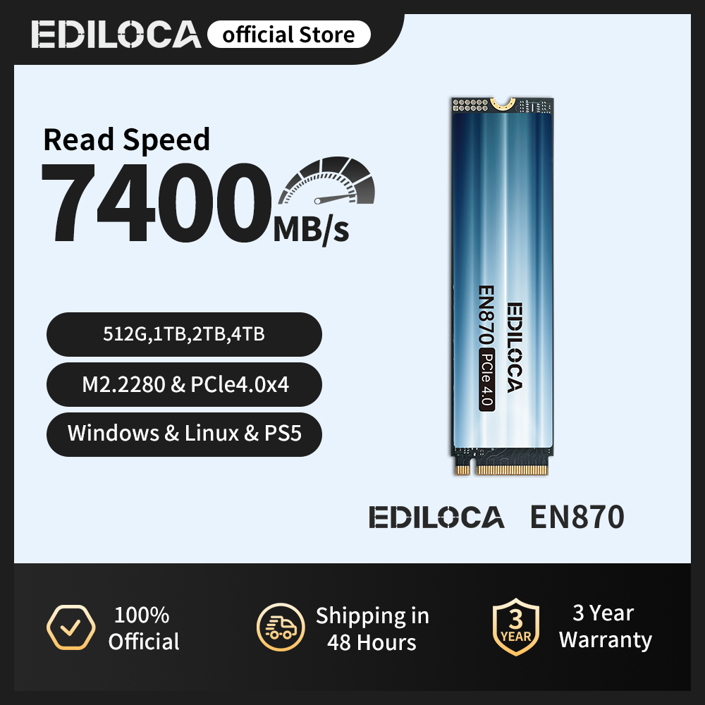 Ediloca EN870 M.2 2280 SSD 7400MB/s NVMe PCIe Gen4.0x4 内部ソリッドステートドライブ PS5 ダイナミック SLC キャッシュ ゲーム PC ラップトップ用
