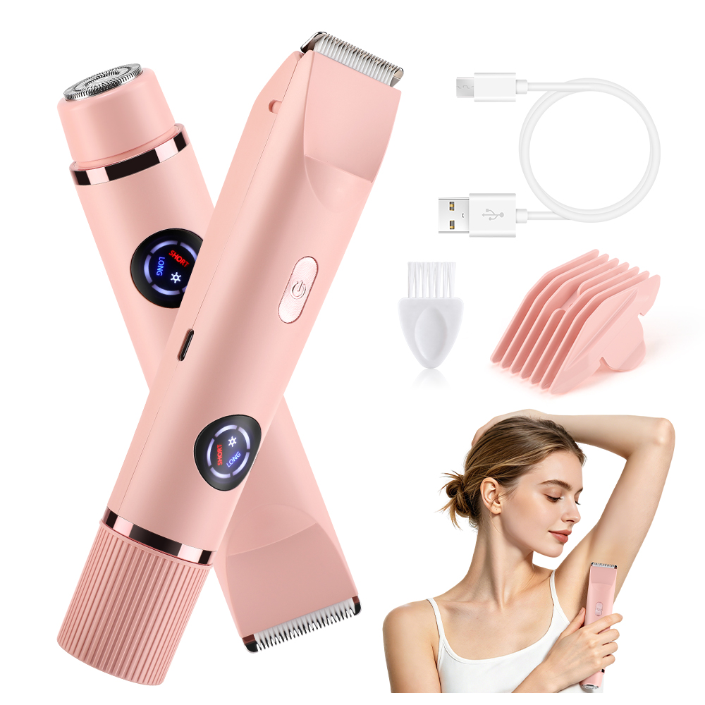 2in1 電気シェーバー 女性用 ビキニ ボディヘアトリマー ウェットドライ使用 デュアルヘッド 取り外し可能 IPX7 防水 コードレス 充電式
