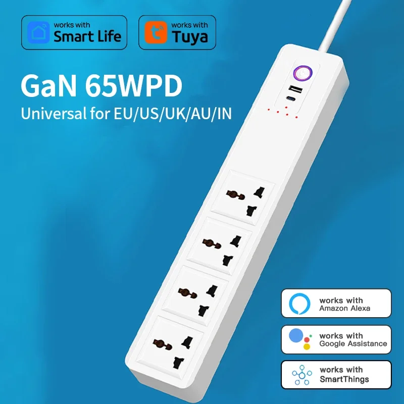 GaN PD65W ユニバーサル電源ストリップ Tuya Smart Life EU US AU UK IN 電源出力コンバータ エネルギーソケット Alexa Google アシスタント音声