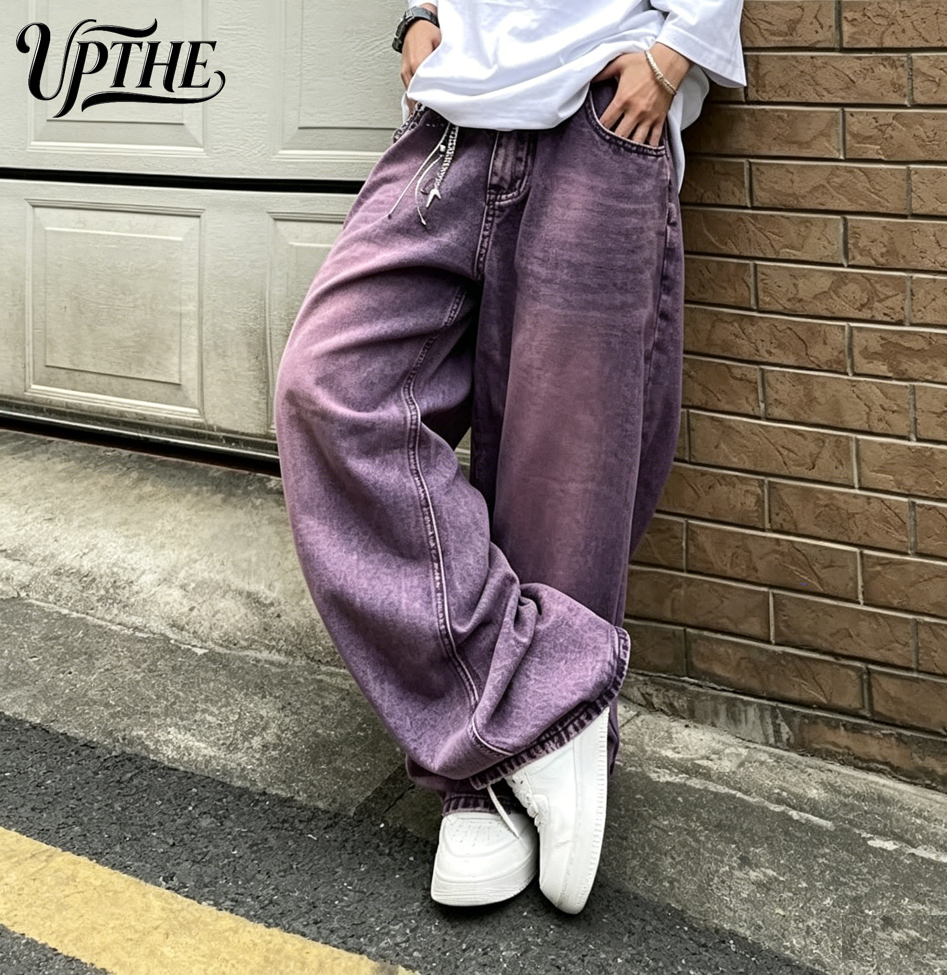 UP.THE メンズ ヴィンテージ パープル バギー ワイドレッグ ジーンズ、Y2K オーバーサイズ ルーズ ウォッシュ デニム パンツ、毎日の服装に適したトレンディなストリートウェア パンツ