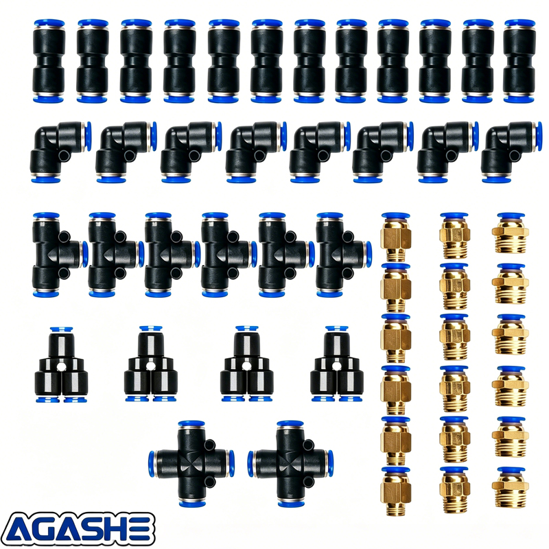 AGASHE 50 パック 8mm 空気圧クイックコネクト継手セット - ストレート、エルボ、Y タイプ、T タイプ、クロス
