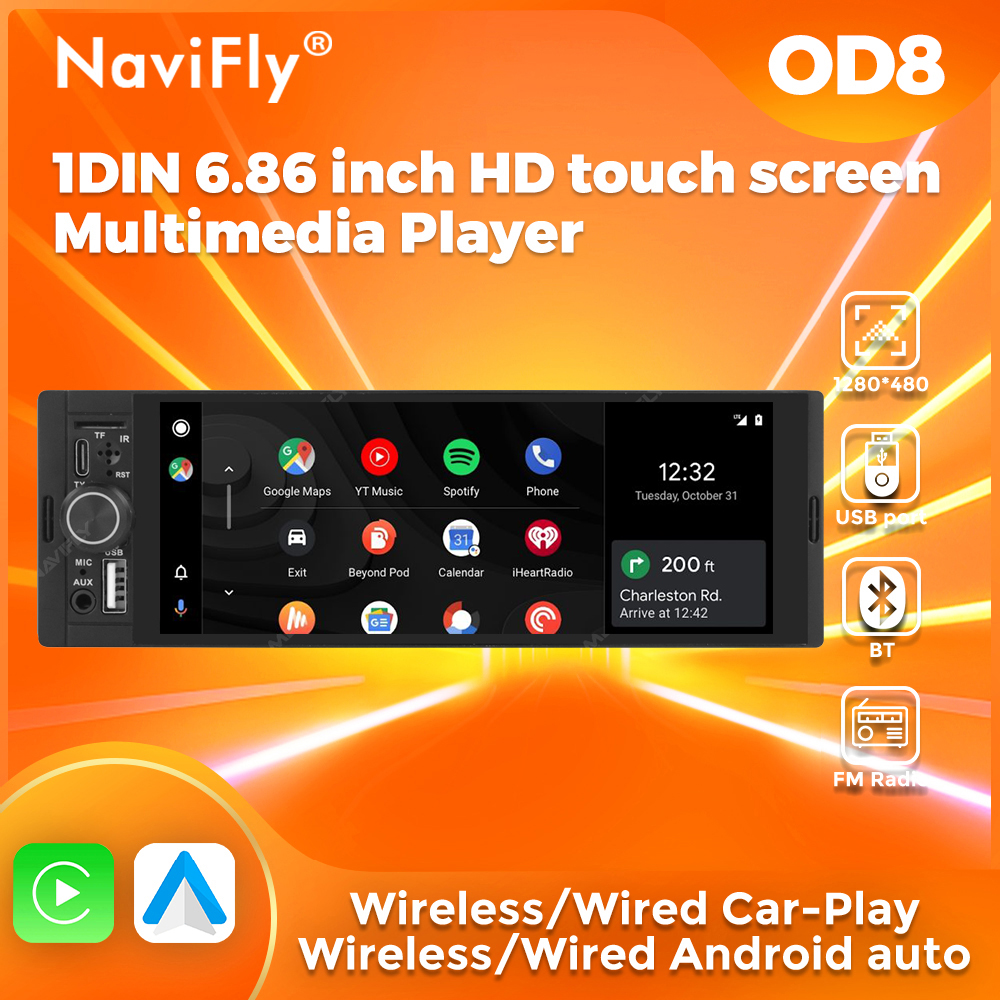 NaviFly 6.86 ''1Din カーラジオマルチメディアプレーヤー MP5 FM ラジオワイヤレス/有線 Carplay Android オートカーステレオ 1 din 1280*480