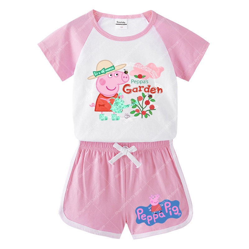 キッズコットン Tシャツカジュアルショーツセット漫画ペッパピッグ半袖トップパンツ用女の子子供かわいいホームウェア夏服