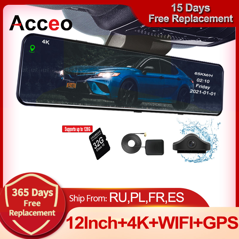Acceo A45P 4K 車 DVR 12 インチタッチ IPS パークバックミラーサポート 1080P リアビューカメラダッシュカム車カメラビデオレコーダー