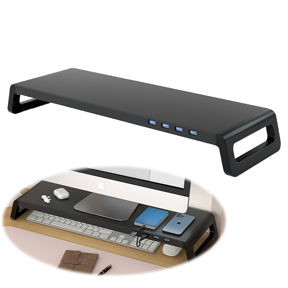 コンピュータモニタースタンド 4 USB 3.0 ポート付き耐久性のある金属モニターサポート PC キーボードオーガナイザーラップトップデスクトップブラックデスクスタンド
