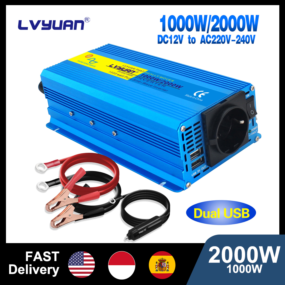 LVYUAN 純粋な正弦波インバーター 2000 ワット DC 12 V 24 V から AC 110 V 220 V 連続電力 2000 ワット LED インバーター付き