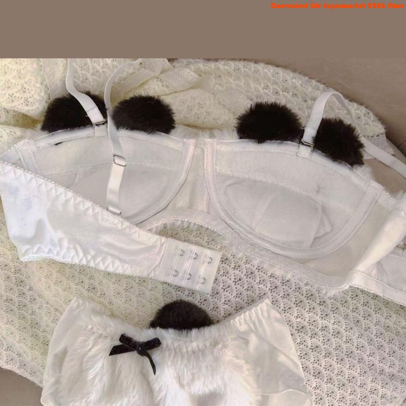 E06E Women's Cartoon Panda Pattern Winter Lingerie Furry Plush Bra and Panty Set School Girl Japanese Anime Cosplay Underwear