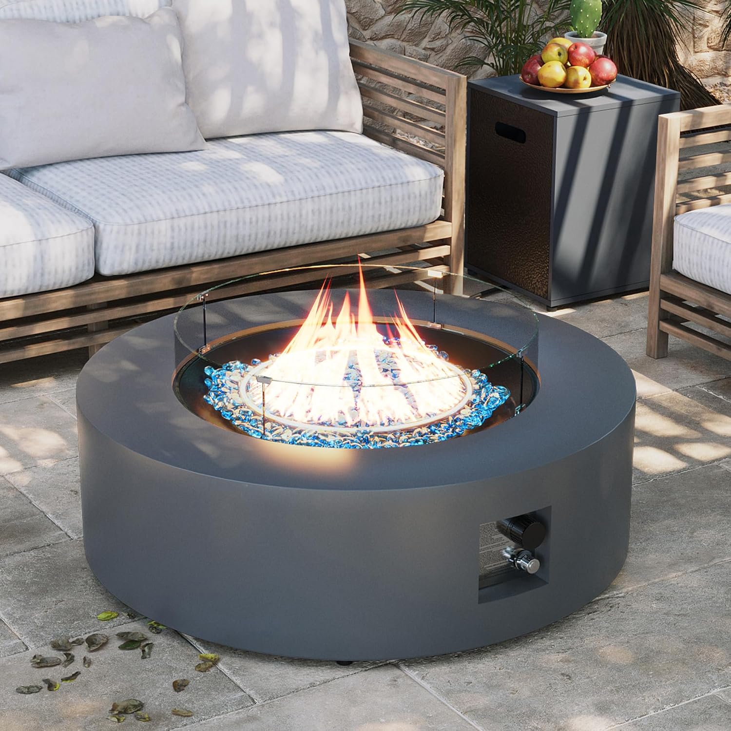 42-inch Outdoor Propane Gas Fire Pit Table 50000 BTU Iron Round Firepit for Outside Patio with Tank Hidden Table, Wind, Custom