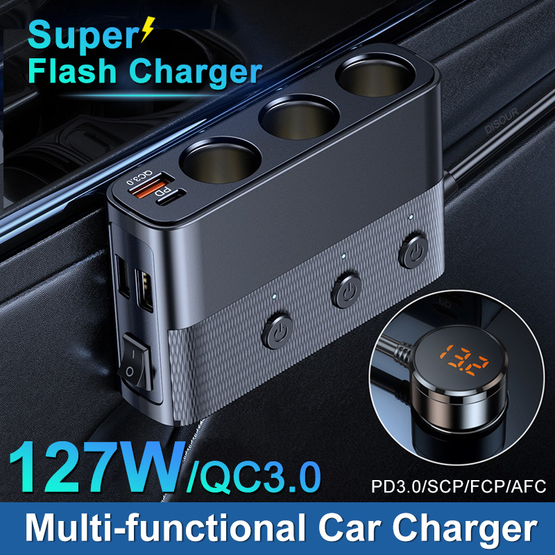 多機能車の充電器 127 ワットスーパーフラッシュ車の充電器シガーライター変換ヘッドアダプタ QC3.0 マルチポート急速充電