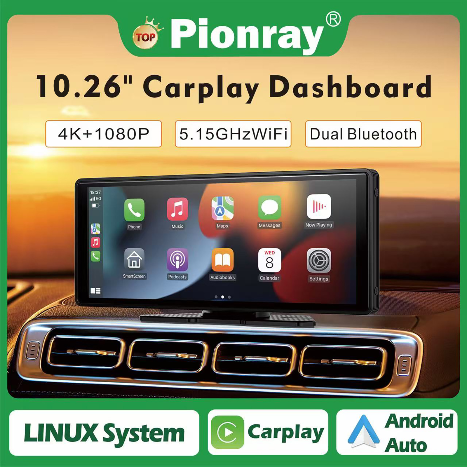 Pionray 10.26 インチ ポータブル 4K カー DVR ワイヤレス Carplay