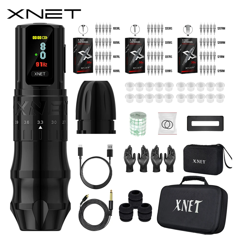 XNET Bestia ワイヤレスタトゥーマシンペンキット調整可能なストローク 2.4-4.2 ミリメートル 2400mAh バッテリー OLED ディスプレイ 60 個混合タトゥーカートリッジ