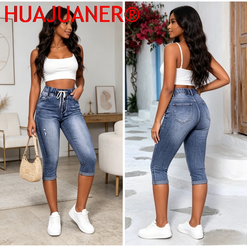 穴ジーンズ女性ふくらはぎ丈パンツデニムフィットハイウエスト巾着ポケットヴィンテージ鉛筆のズボン 2026 ストリートデニム