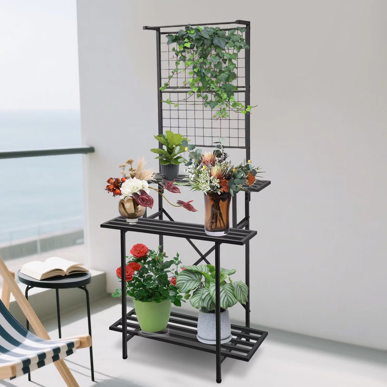 多層吊り下げ植物ホルダー 収納棚 金属製植物スタンド ガーデンバルコニー 植木鉢ホルダー 90x46x200cm 家庭、オフィス、店舗、庭園用