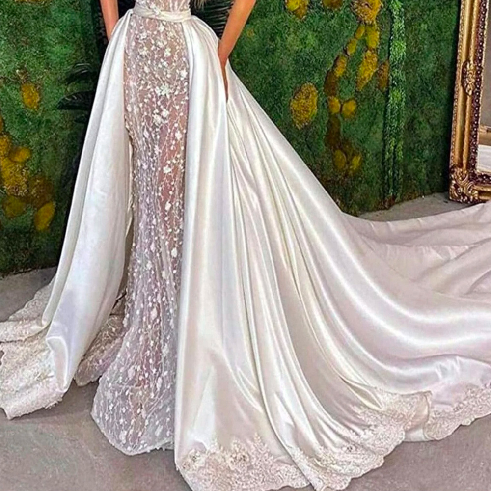 高級結婚式の取り外し可能なスカートサテンレース取り外し可能なロングトレーンドレス用本物の結婚式のオーバースカート