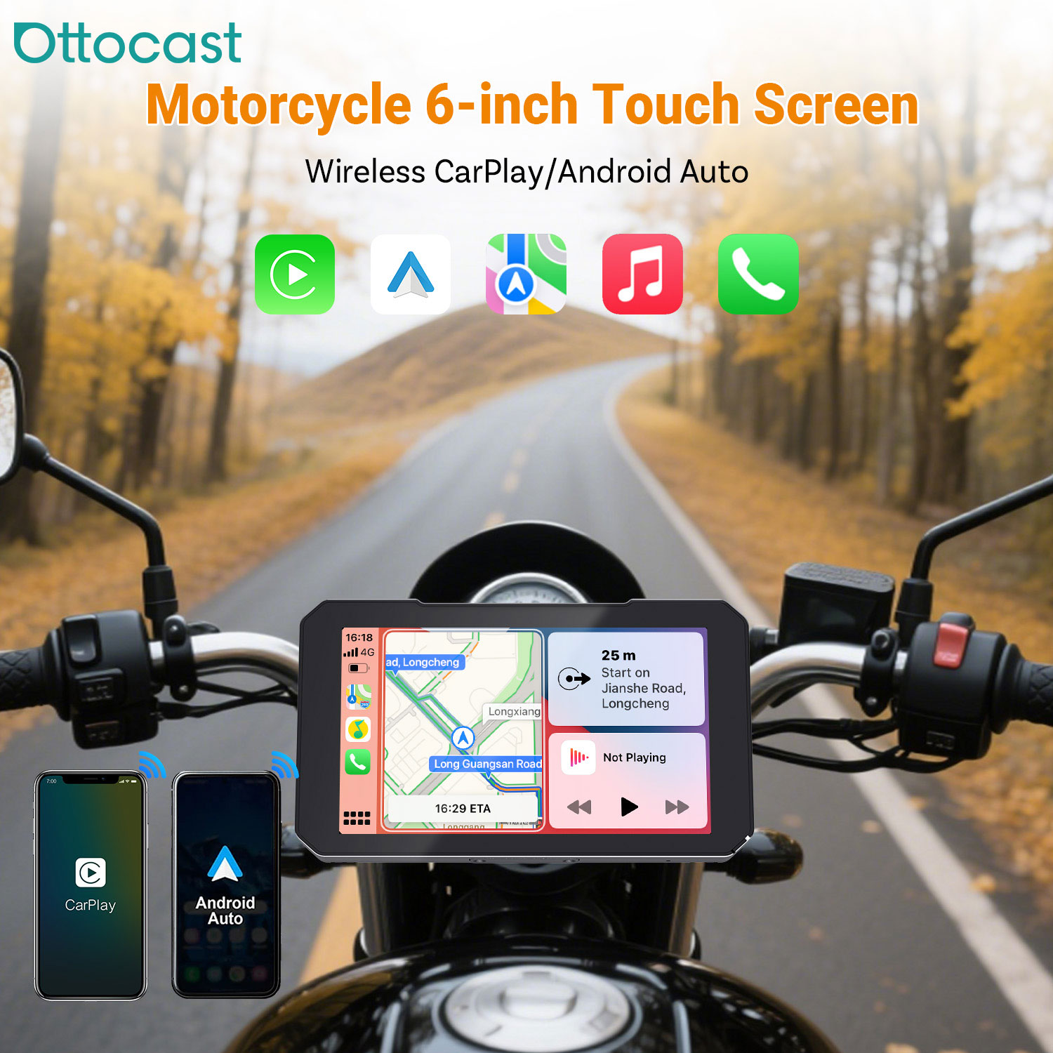 Ottocast Express C6 オートバイタッチスクリーン 6 インチワイヤレス CarPlay Android 自動防水 GPS 波 Google マップ