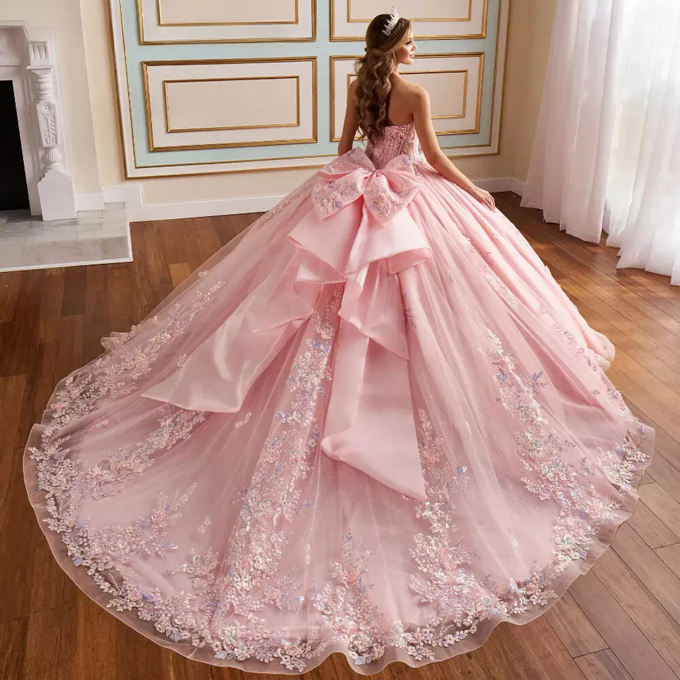 カスタマイズされたキラキラピンクキンセニエラドレスロングボウ高級レースアップリケ Vestidos デ 15 アノスフォーマル誕生日パーティー