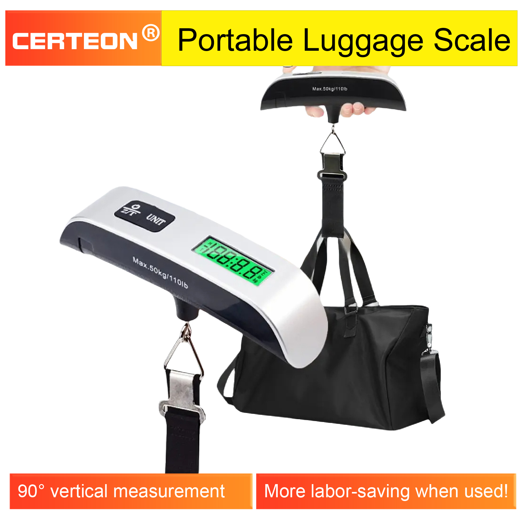 50kg ポータブルデジタル荷物スケール バックライト付き LCD バッテリー駆動ストラップフック スーツケース旅行手荷物計量用