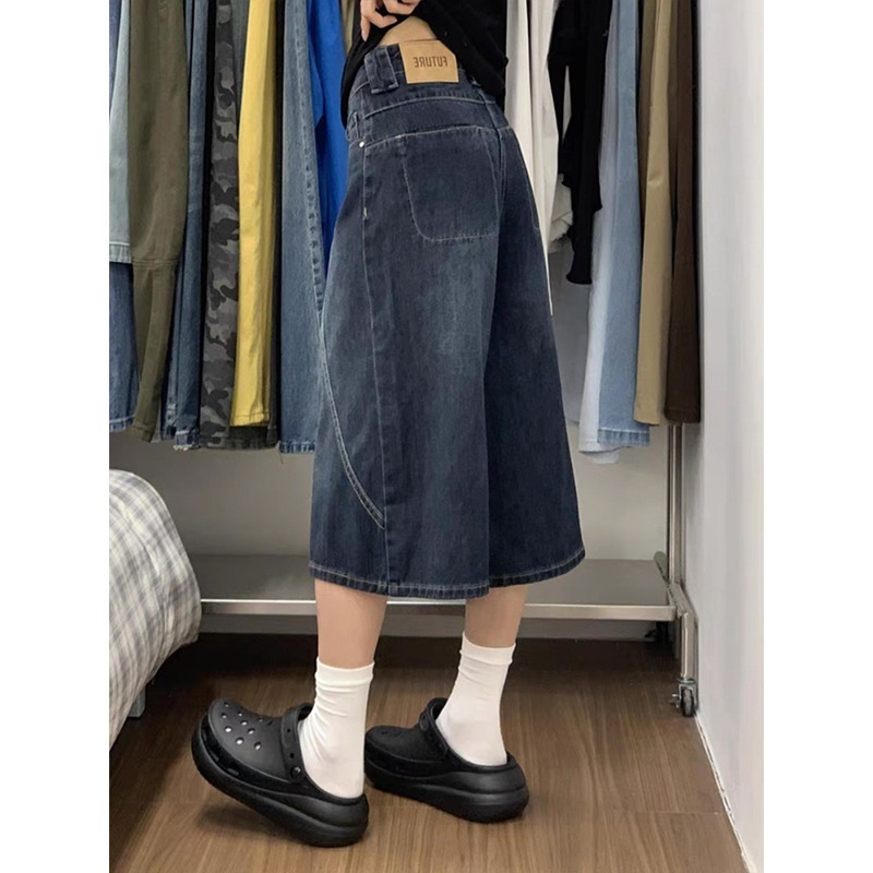 スリミングヴィンテージディープブルークロップドパンツ女性のジーンズパンツハイウエストルーズワイドレッグ夏のファッション