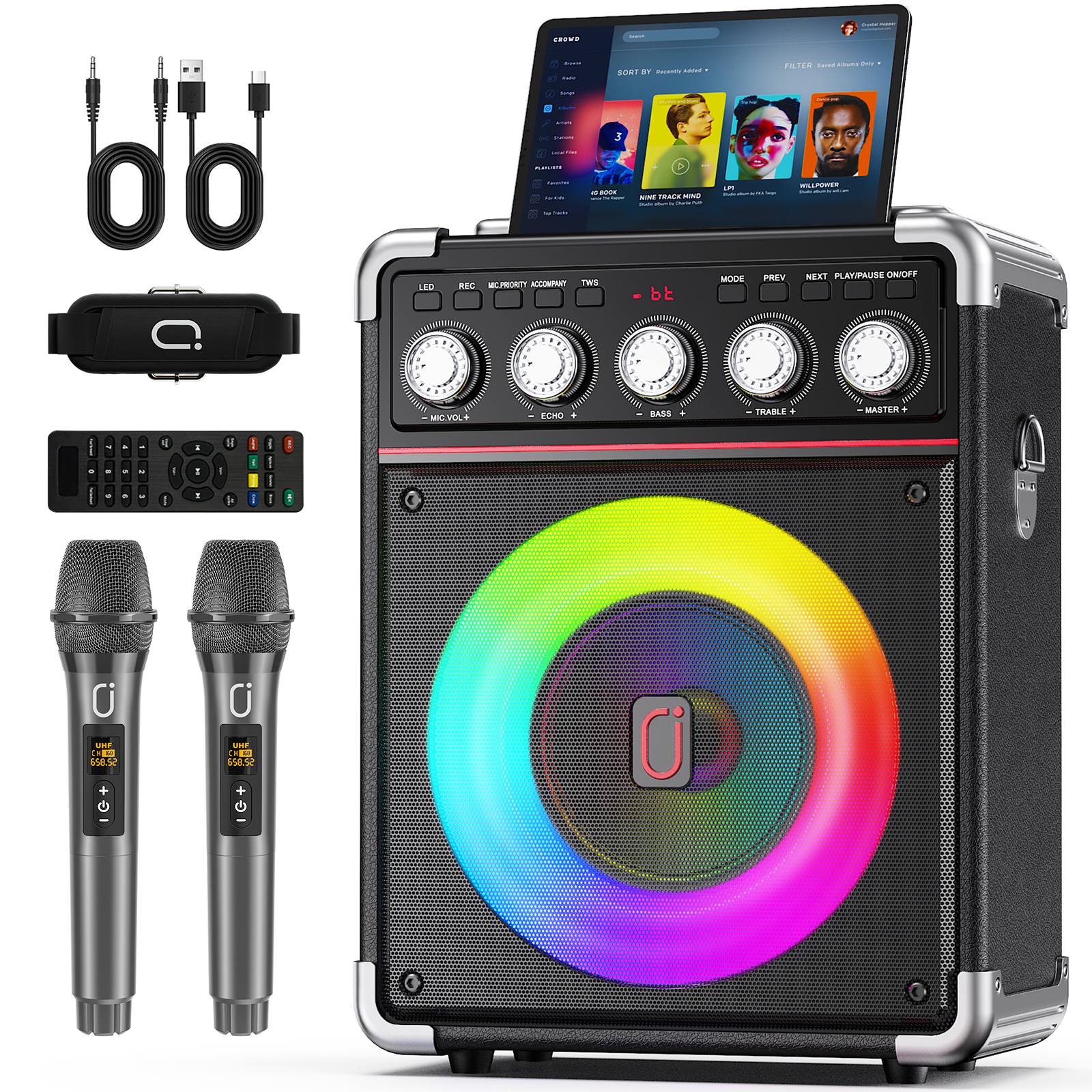 TX05 カラオケマシン 2 ワイヤレスマイク付き、ホームパーティーボックスサポート用の RGB ライト付きポータブルカラオケシステムスピーカー、TWS