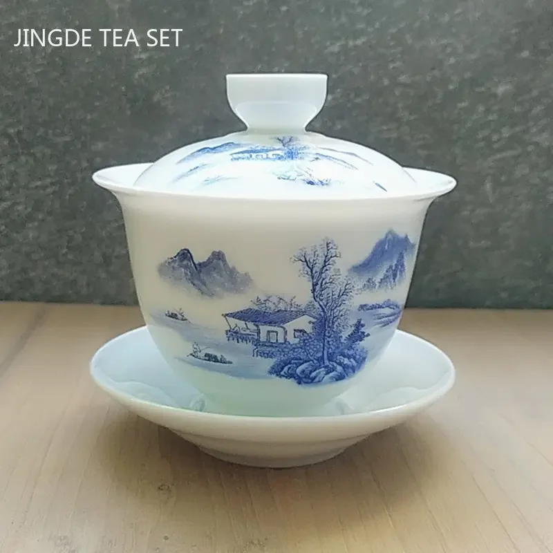 中国青と白の磁器茶チュリーンボウル手作りセラミックティーカップ旅行ポータブルgaiwanホームティーセット箸置き160ミリリットル