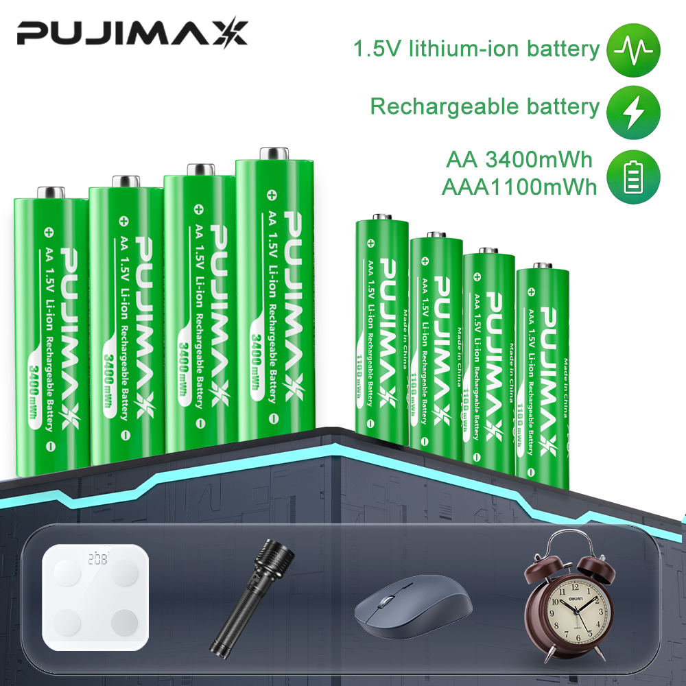 PUJIMAX 充電式バッテリー 1.5V AA 3400mWh AAA 1100mWh リチウムイオン電池コンピュータ時計ラジオビデオゲームデジタル AA AAA
