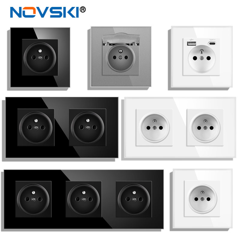 novski フランス標準プラグ、ガラス壁パネル、フランス電源、16A および 220V 接地、チャイルドプロテクションドアソケット