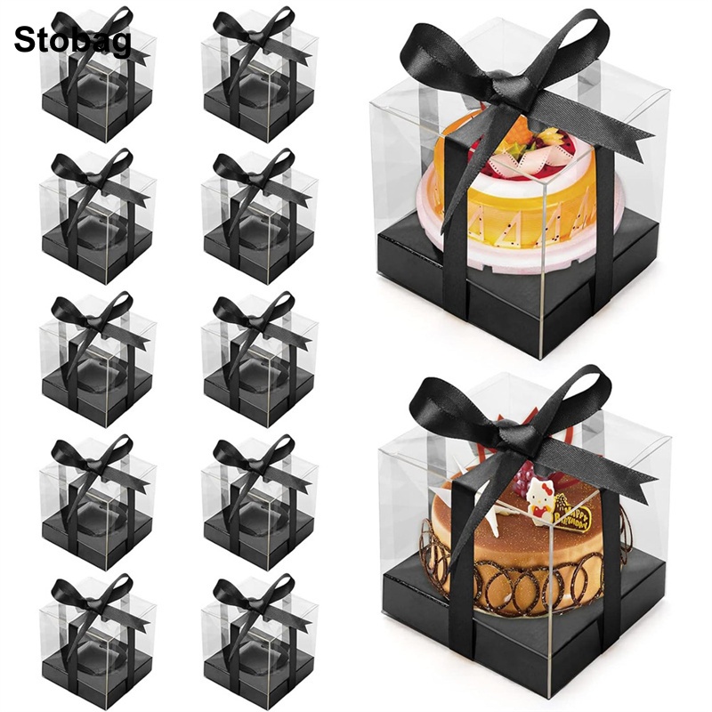StoBag 20個 カラー透明 小さなケーキボックス ギフト リボン付き クリエイティブ クリアパッケージ ストレージ ベーキング 誕生日パーティーの記念品