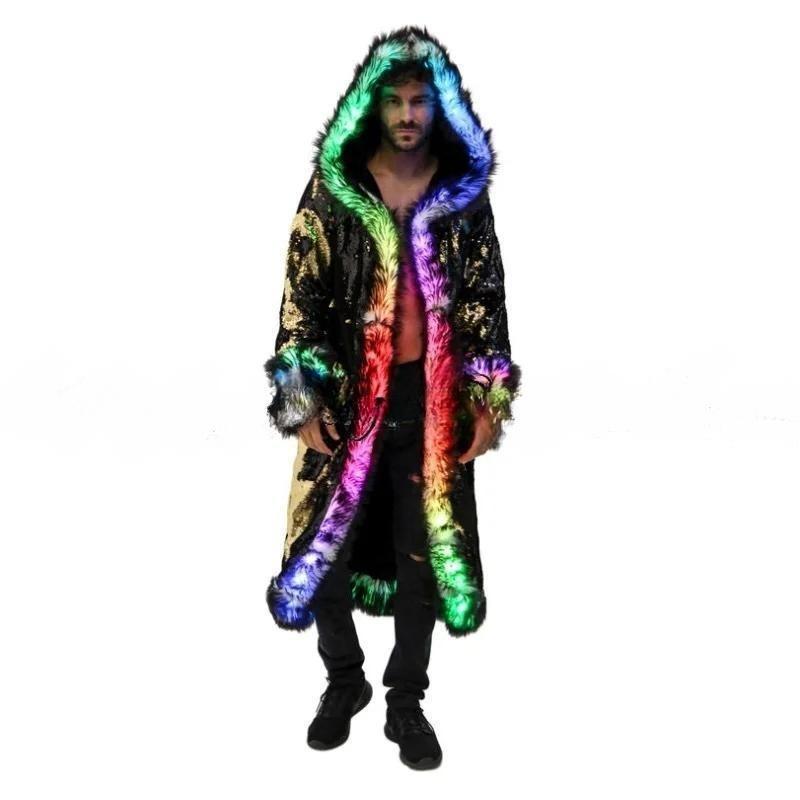 カーニバルパーティー絶賛衣装 LED スパンコール毛皮コートロング男性冬ジャケットナイトクラブ DJ ショーステージパフォーマンス衣装ハロウィン