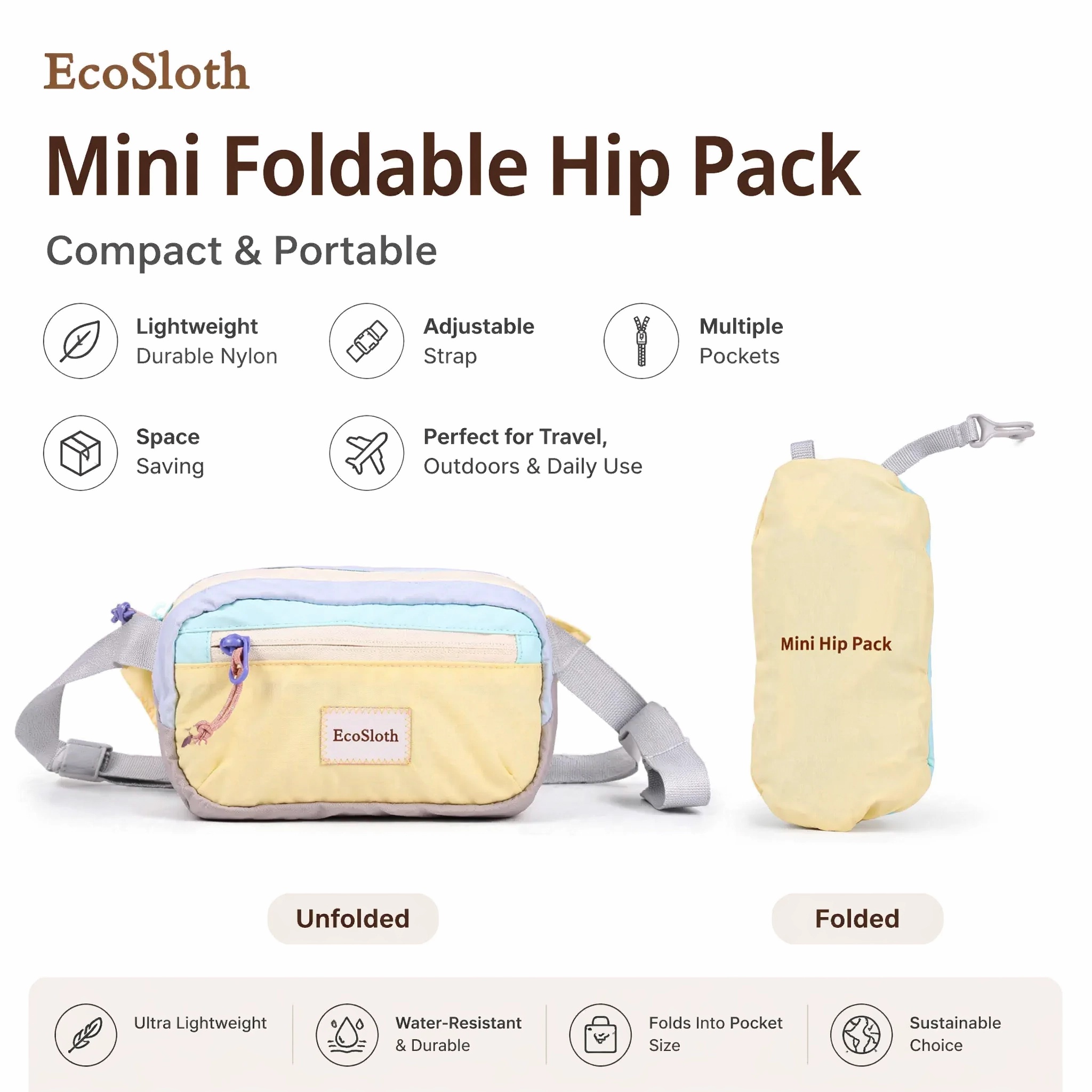EcoSloth リサイクルナイロンウエストバッグ マルチポケット軽量撥水ファニーパック付き レディース メンズ