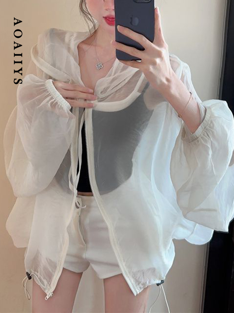 Aoaiys 2026 薄手のコートの女性のファッションカジュアル日焼け止め JacketsTop シースルーフード付きコート夏の新しいルーズ女性トップス