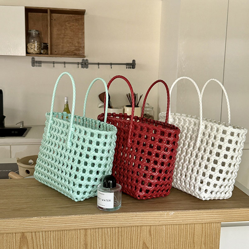 Hylhexyr ハンドヘルド中空織ショルダーバッグ PVC 野菜バスケットトートバッグビーチ休暇ピクニックハンドバッグ女性のための