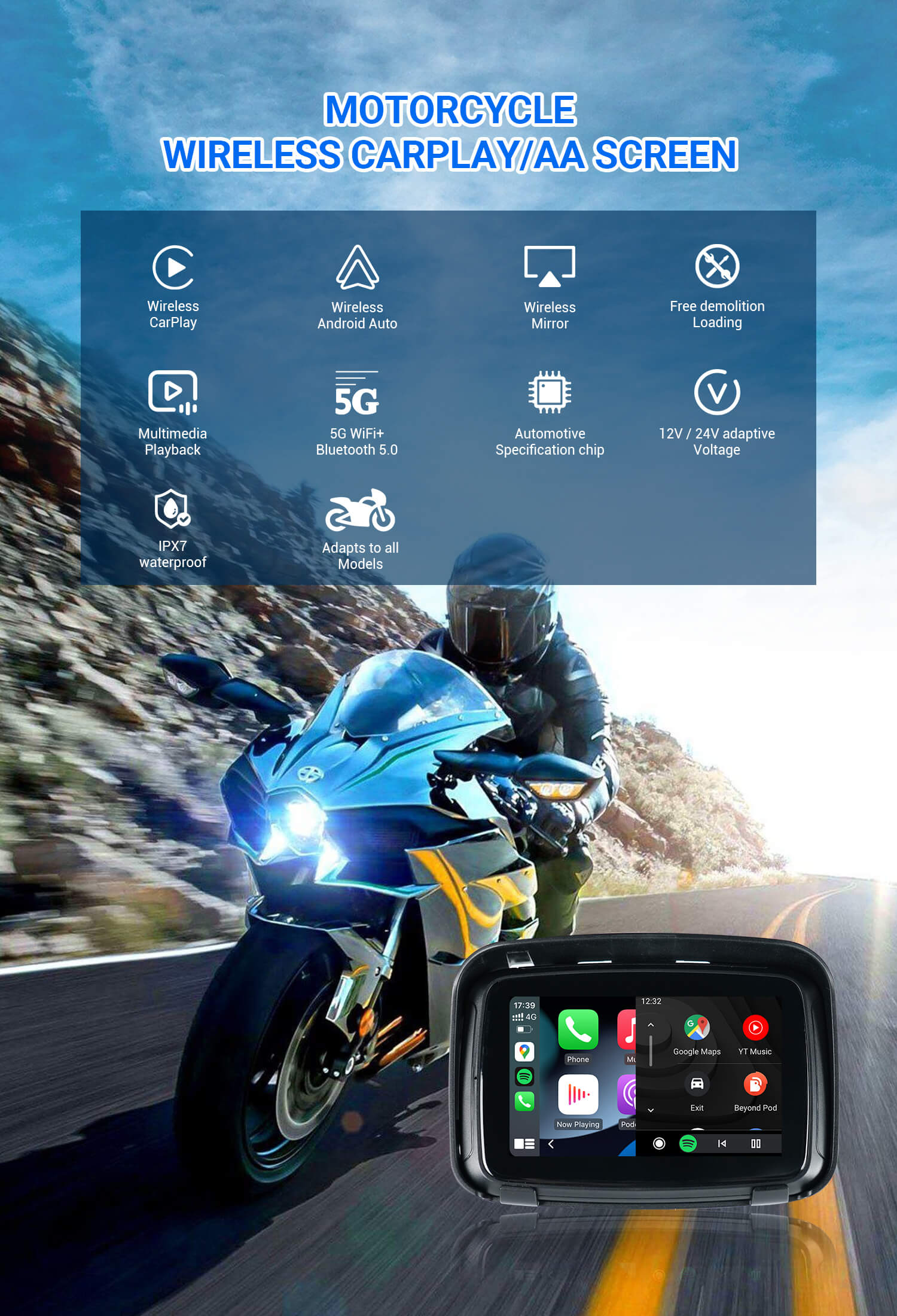 Ottocast CarPlay Lite C5 オートバイ GPS ワイヤレス Carplay Android 自動防水スクリーン