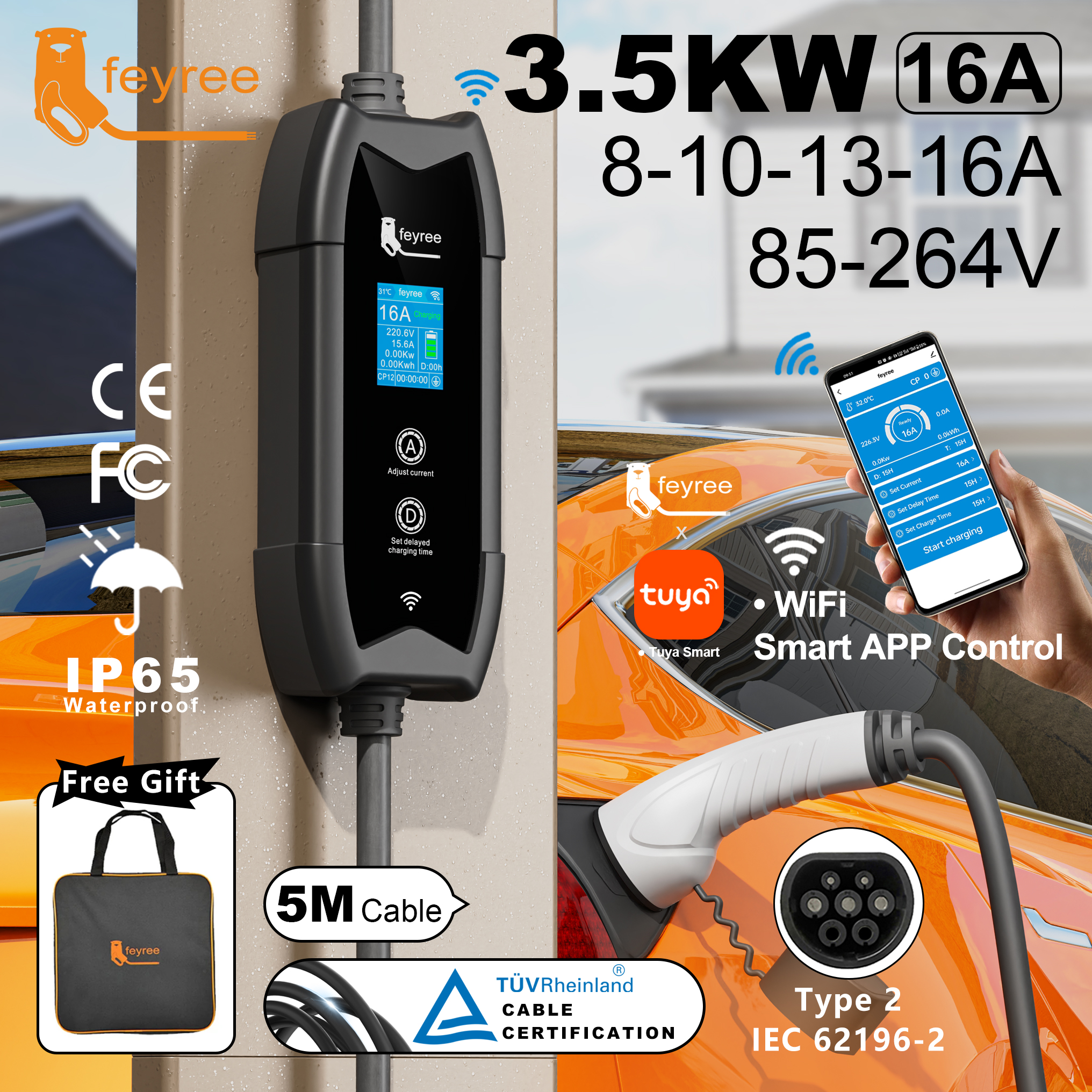 feyree Type2 ポータブル EV 充電器 5m ケーブル WIFI APP 制御付き 16A 3.5KW セット充電