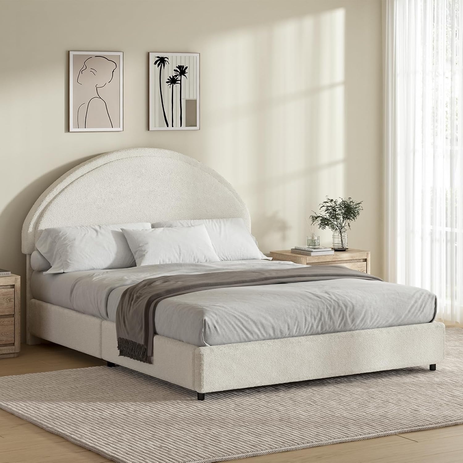 Modern Boucle Upholstered Platform Bed Frame, Round Soft Headboard, Bedroom, Full Size, Custom