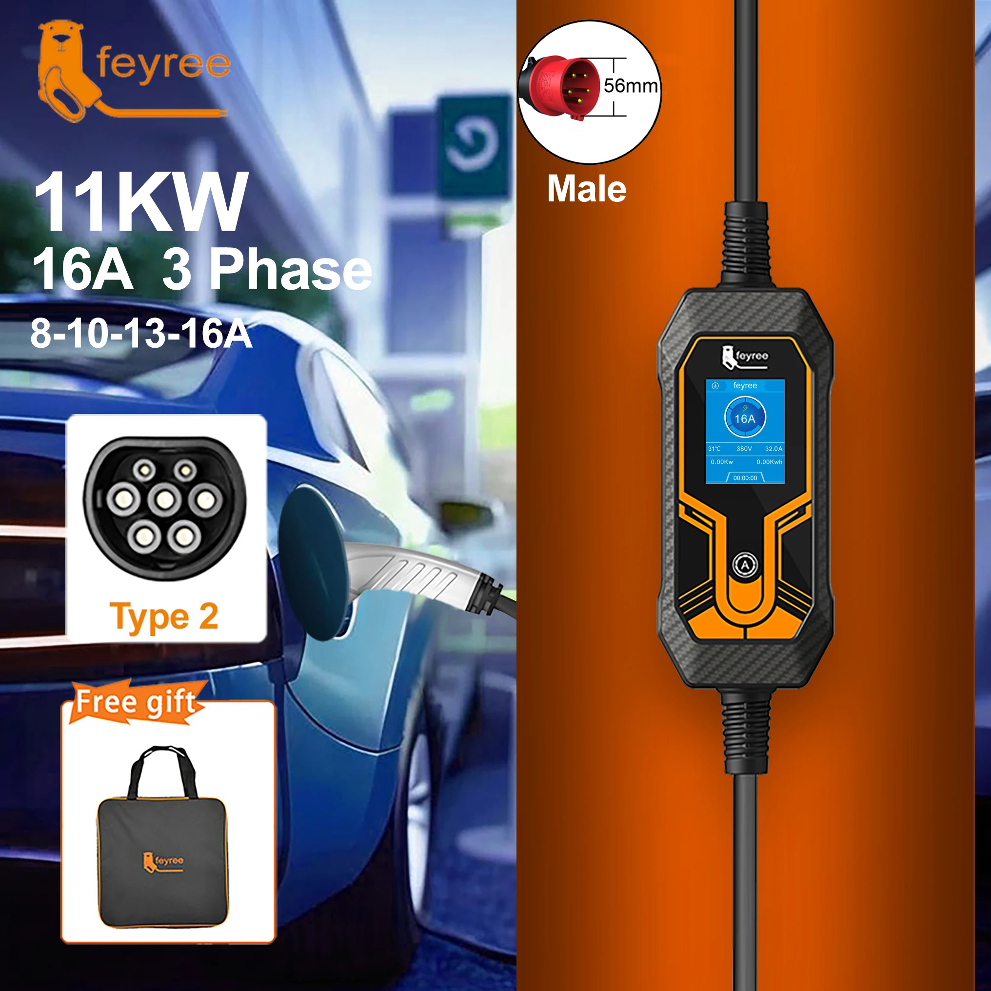 Feyree 11KW 16A 3P Type2 EV ポータブル充電器 EVSE 充電ボックス電気自動車の充電器 CEE プラグ IEC62196-2 電気自動車の充電器