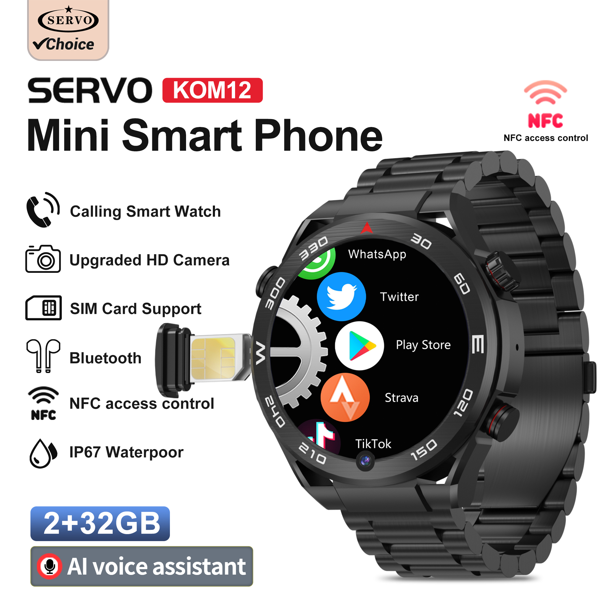 サーボ KOM12 スポーツ 4 グラムスマートウォッチ電話 1 SIM スタンバイ防水屋外心拍数 Play ストア Android OS スマートウォッチ携帯電話