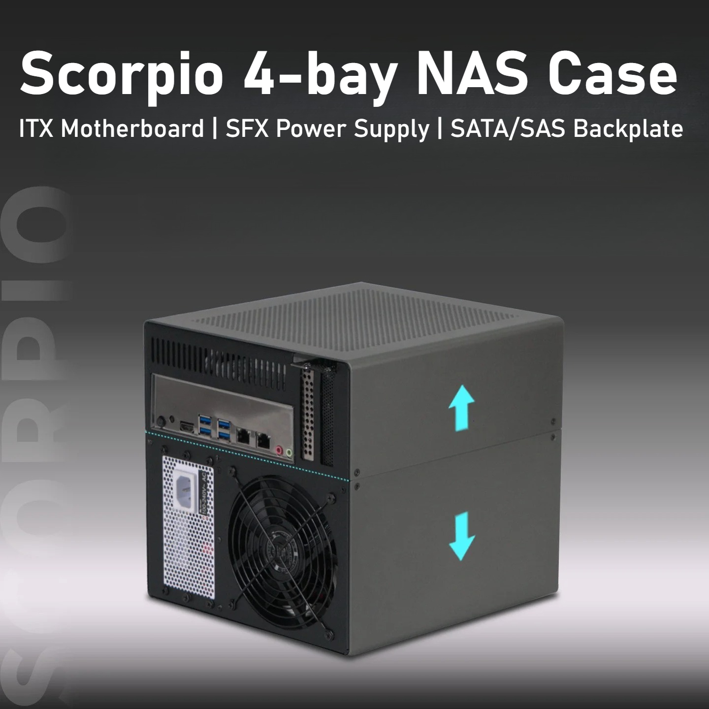 Scorpio 4 ベイ NAS ケース、1.5mm 陽極酸化アルミニウム、ITX マザーボード | SFX電源 | SATA/SAS バックプレート