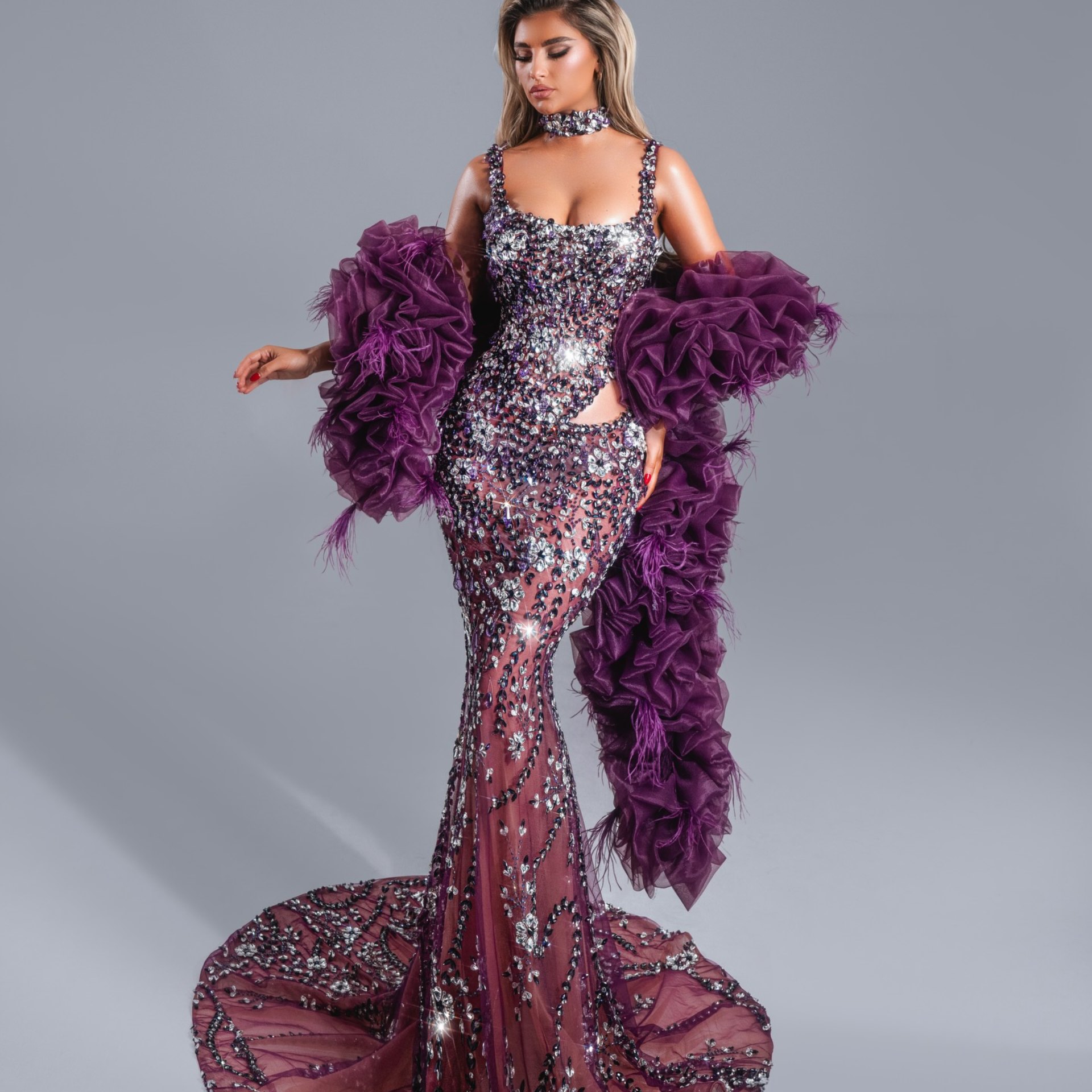Oversized Purple Feather Mesh Shawl for Stage & Wedding - Lightweight Dramatic Cape, Trending 2026 Formal Dress Overlay Capes