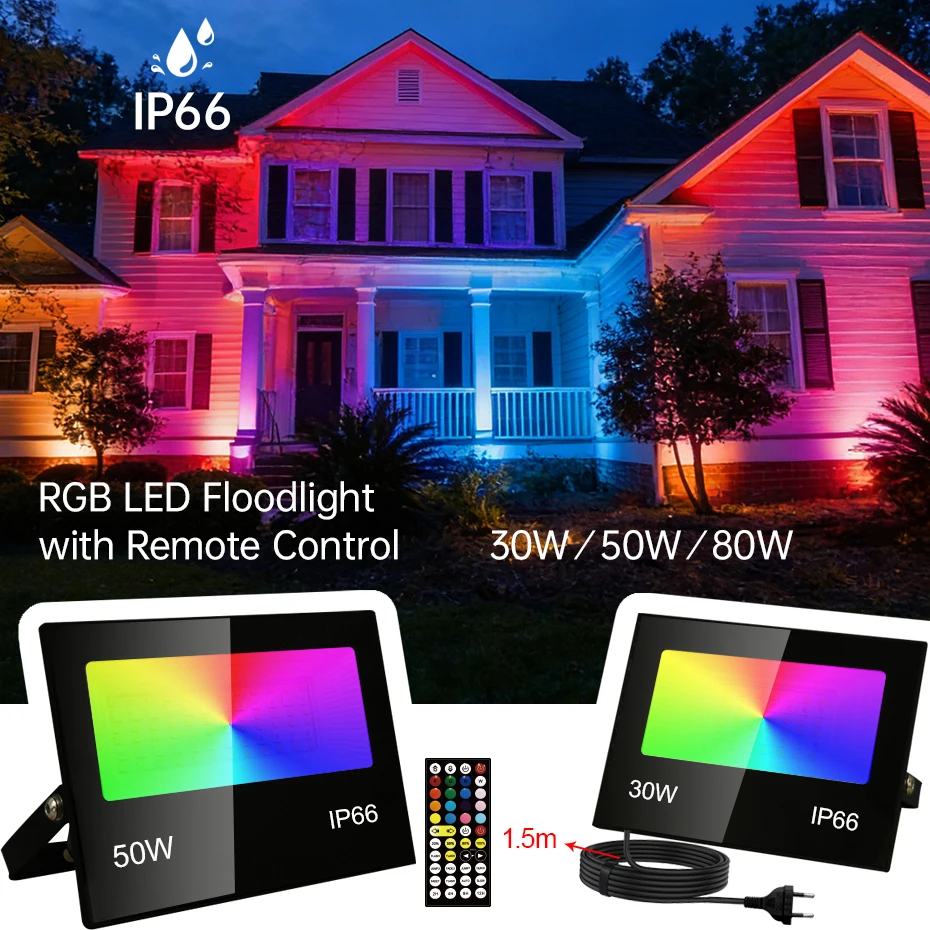 AC85-265V RGB LED投光器 80W 50W 30W IP66防水屋外プロジェクタースポットライト リモコン付き 調光可能 EU US AU UKプラグ
