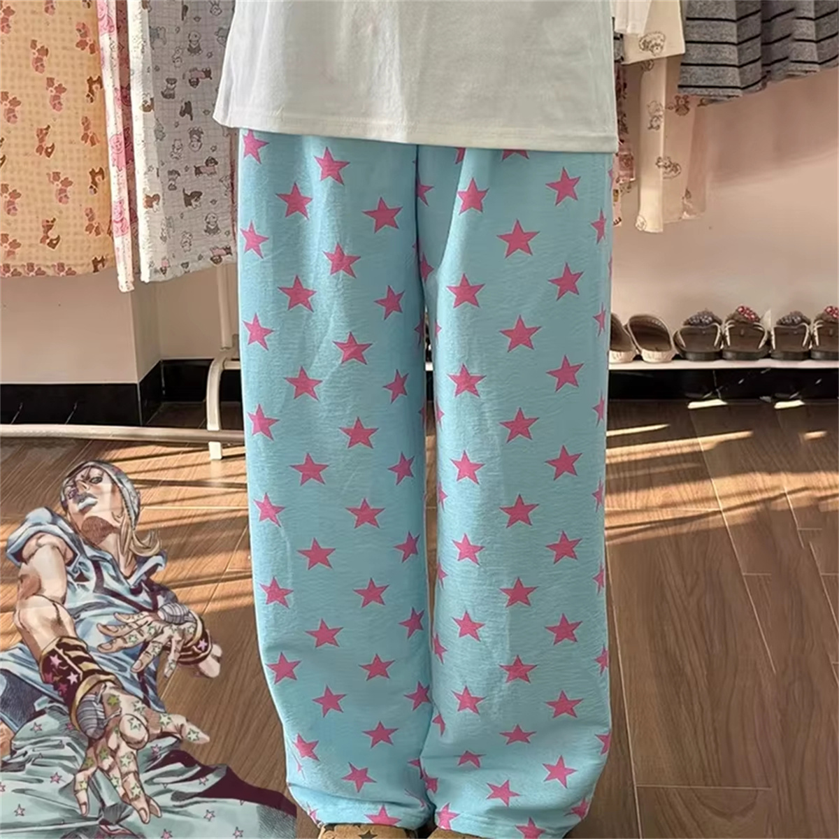 Y2K スターパジャマパンツアニメコスプレ衣装パンツプリント軽量通気性ルーズフィットカジュアル部屋着パジャマパンツ