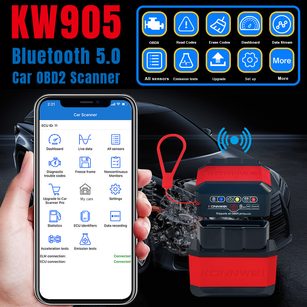 KONNWEI KW905 ELM327 V1.5 OBD2 スキャナー Bluetooth 5.0 Android/IOS ELM 327 OBD 2 車診断ツールコードリーダー