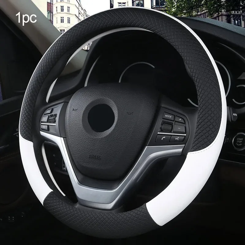 穴あきナッパレザー車のステアリングホイールカバー 冬は暖かく、夏は涼しい、ユニバーサル 15 インチ、滑り止め、無臭