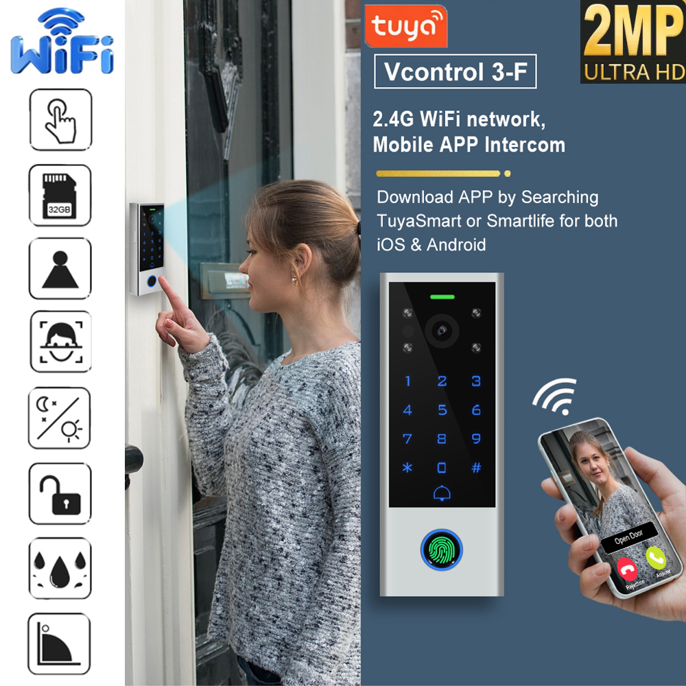 1000 ユーザータッチキーパッド 1080P HD レンズ 2.4 グラム WIFI 指紋アクセス制御ビデオインターコム PIN カード iOS Android 用 Tuya アプリ