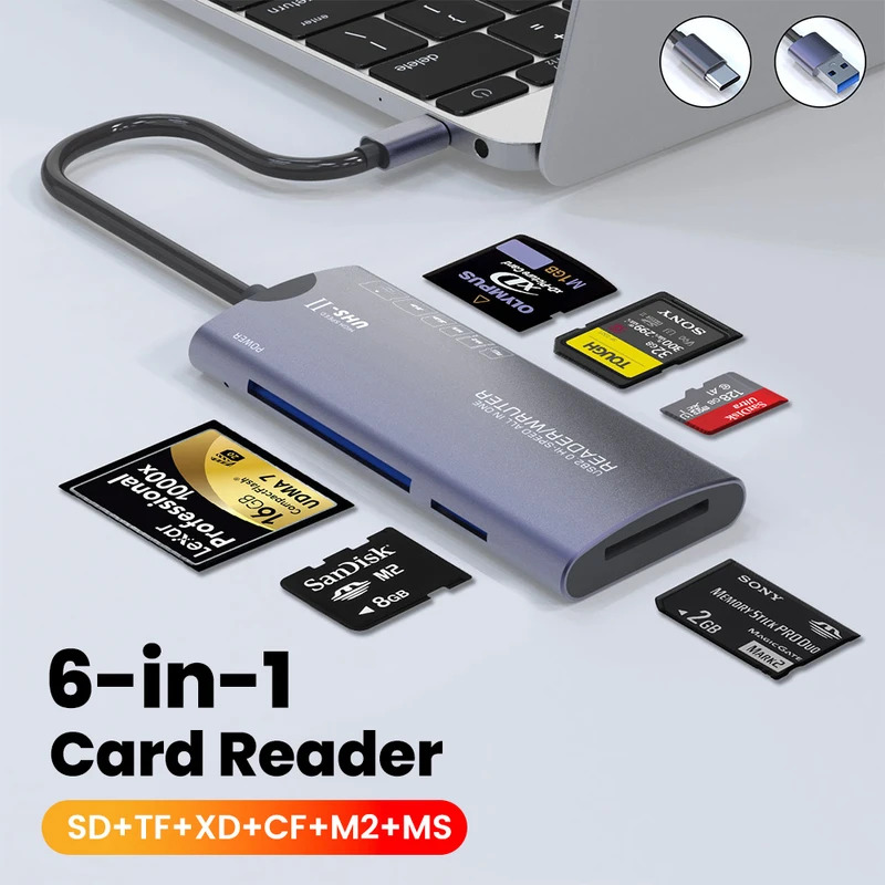 6IN 1 多機能カードリーダー USB 高速データ転送アダプタタイプ C SD/TF/XD/CF/M2 メモリ読み取りカメラコンピュータ用