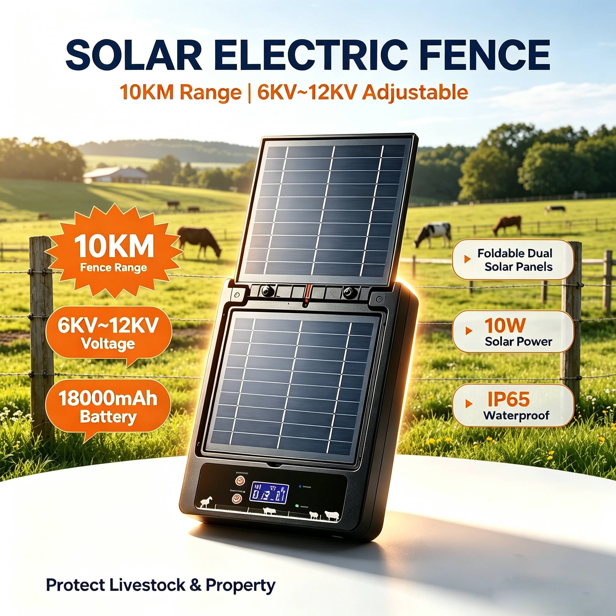 10KM 12KV‌ フリップカバーデュアルパネルブラックソーラー電気柵牧草地家畜に特化した統合高電圧調整‌