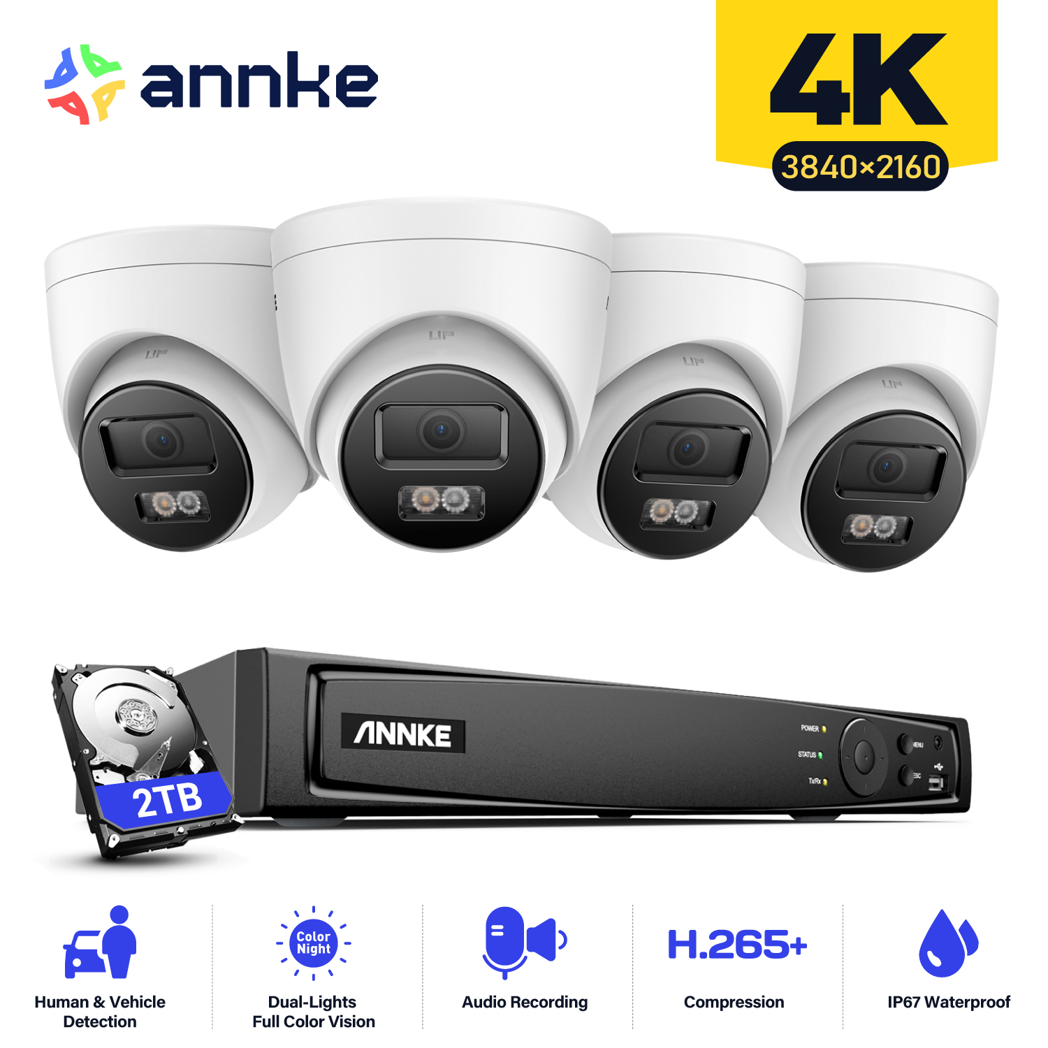 ANNKE 4K 8MP PoE IP カメラキット H.265 8Ch NVR 人間/車両検出 IP67 内蔵マイク モーション検出 2.0 ビジョン リモートビュー