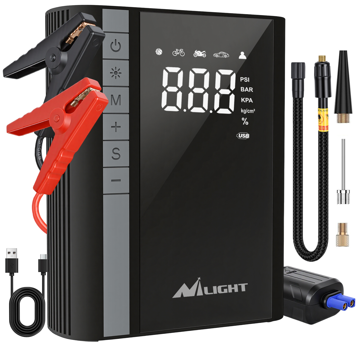 Nilight 1500A ポータブルカージャンプスターター、エアコンプレッサー、10000mAh バッテリーブースター、タイヤインフレーター、LED 懐中電灯付き