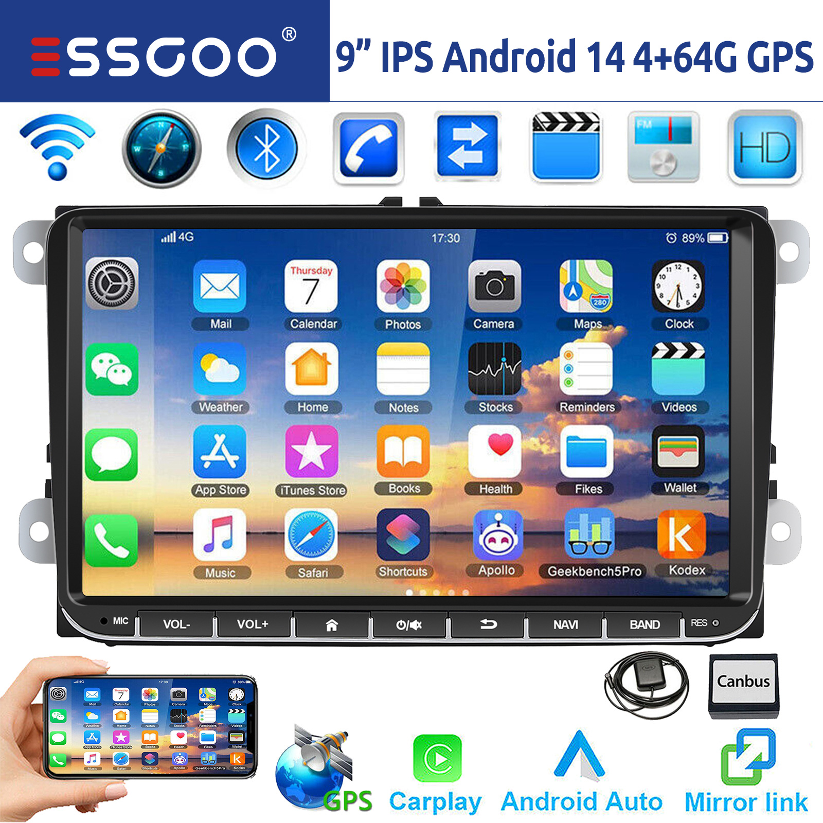 9 "アンドロイド 14 4 グラム 64 グラムワイヤレス Carplay カーステレオ GPS ナビ WIFI RDS FM BT EQ VW ゴルフ 5 6 パサートポロトゥーランティグアンキャディー EOS 用